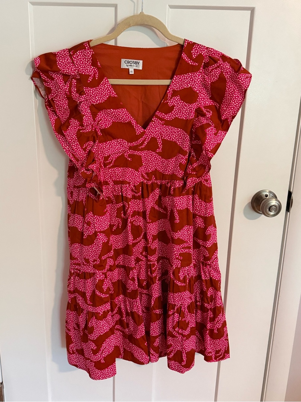 CROSBY by Mollie Burch Pink and Brown Printed Ruffle Sleeve Dress